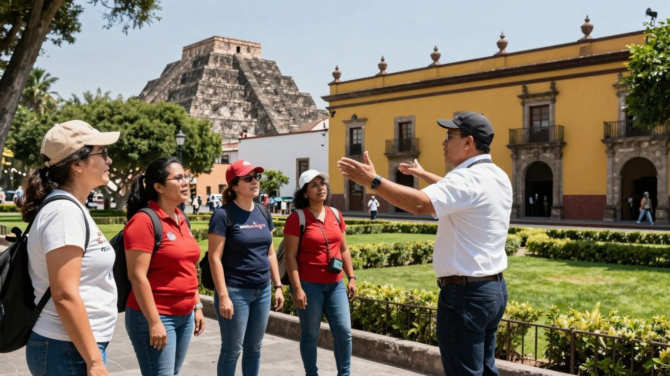 Tourists and guide in Mexico City with historic architecture.
