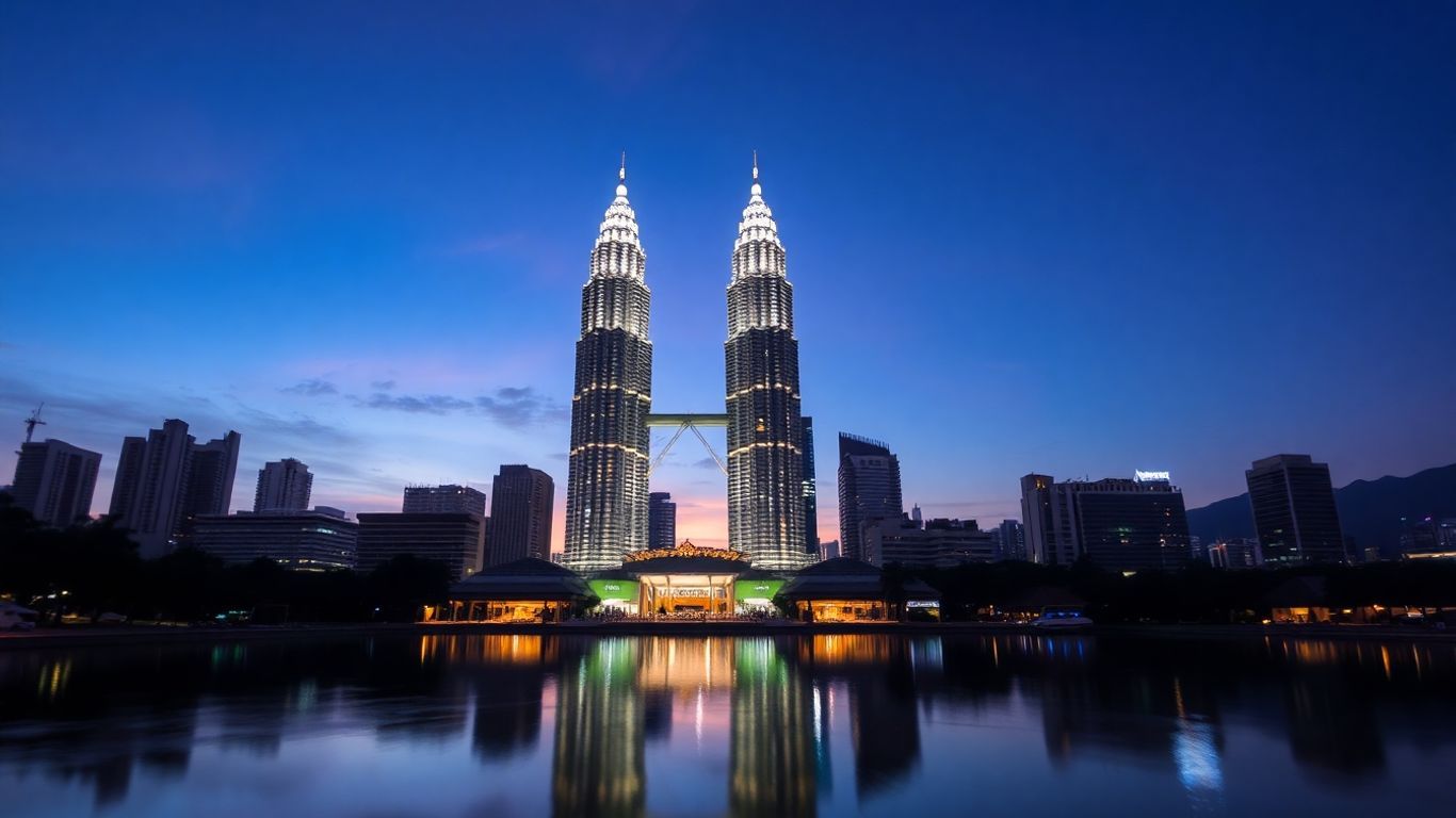 Petronas Twin Towers illuminated at dusk in Kuala Lumpur.