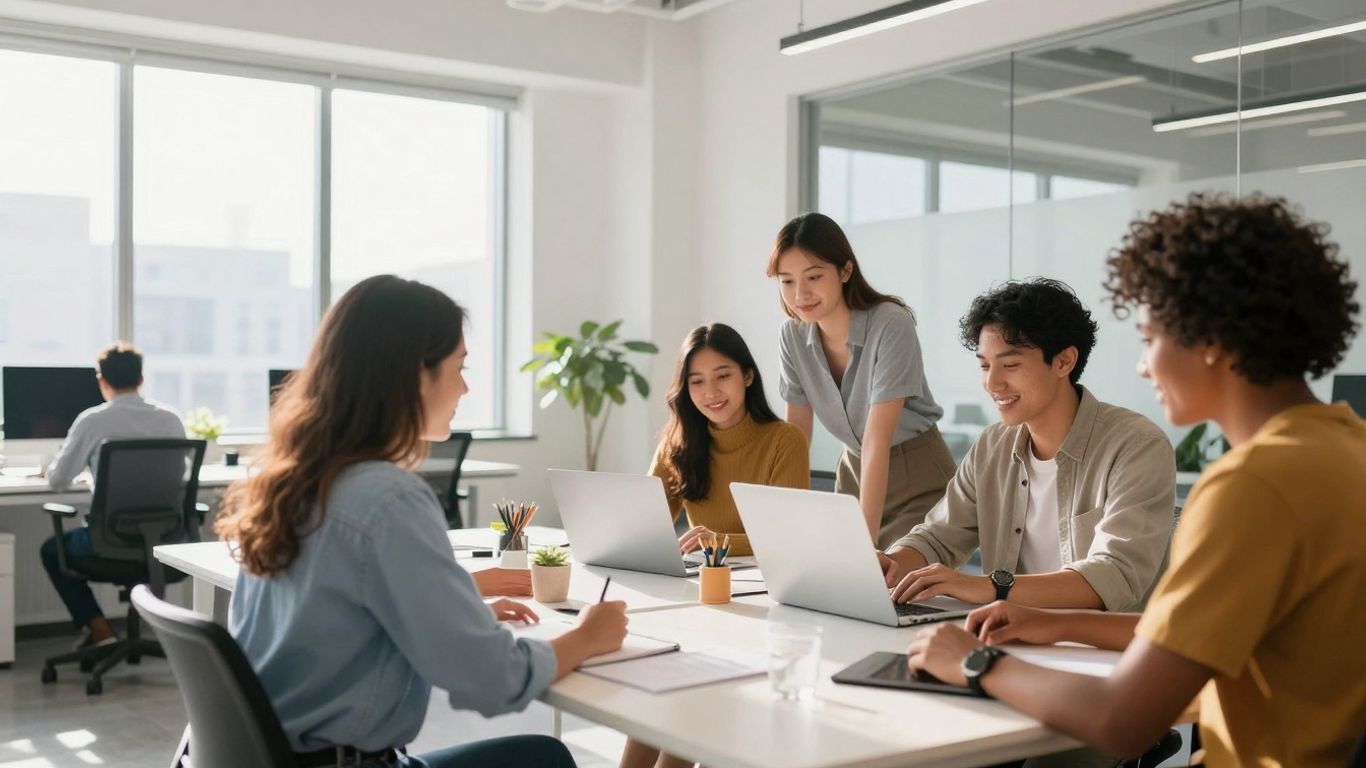 Team collaborating in a modern, bright office space.