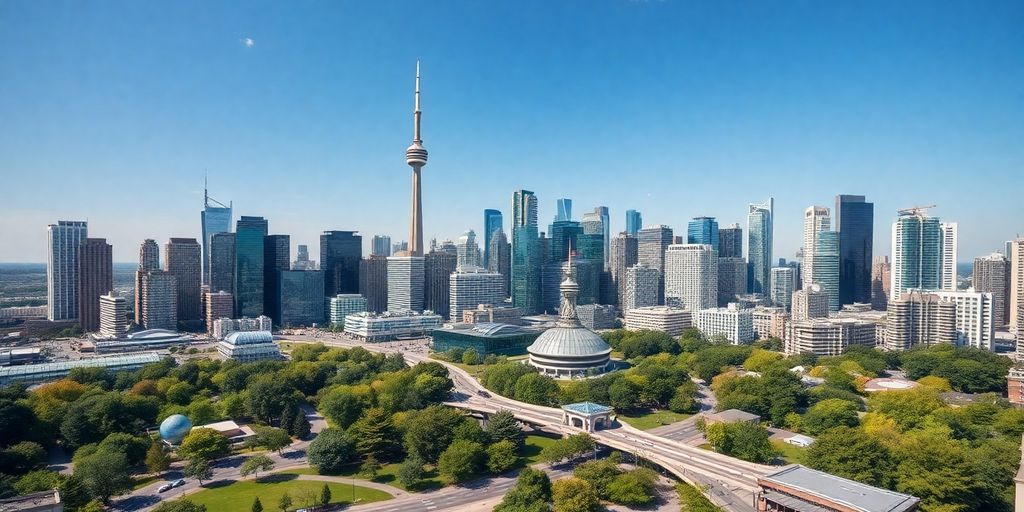 Toronto skyline with modern architecture and greenery.