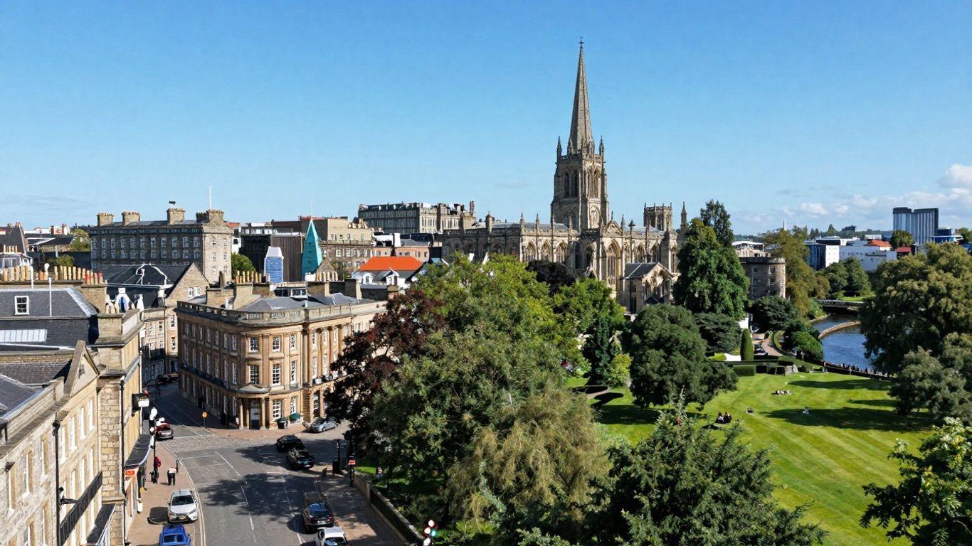 Historic UK city skyline with ancient architecture and cathedral.