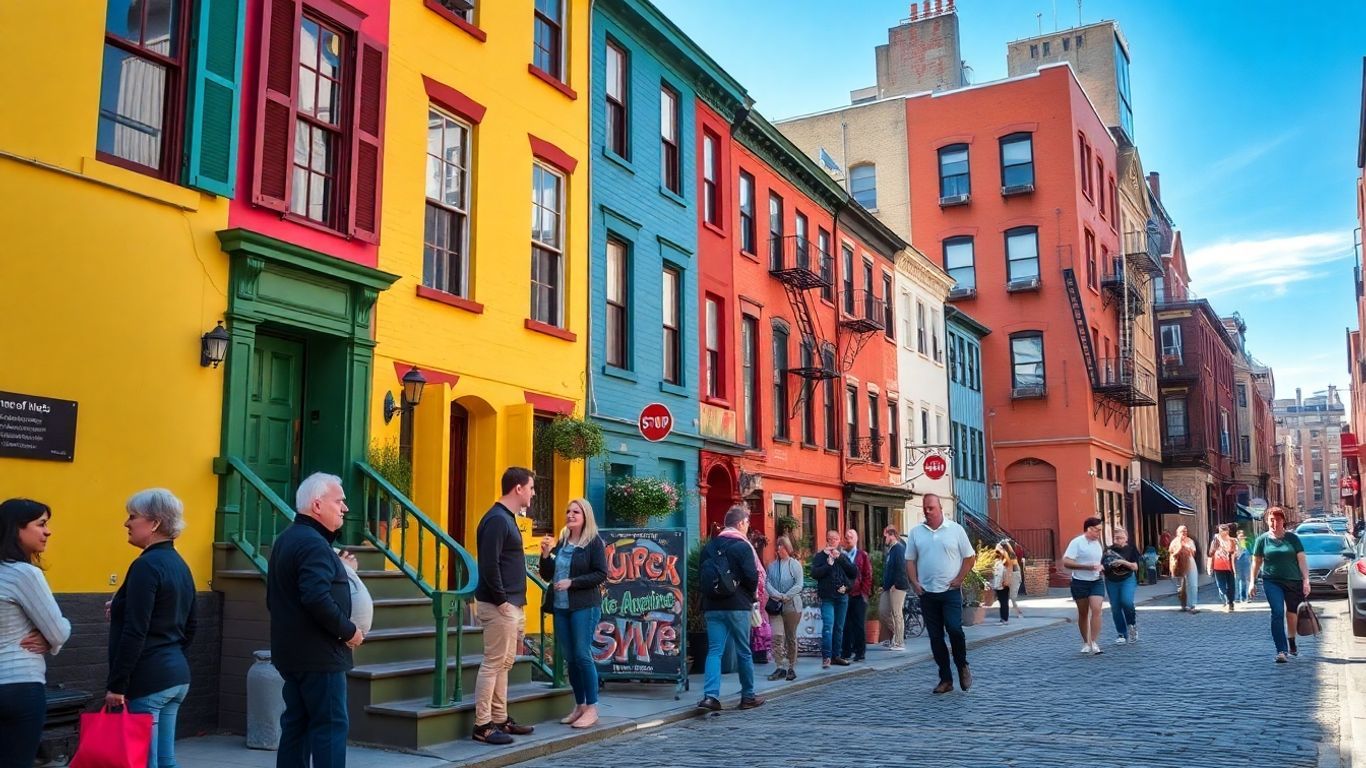 Tourists exploring a colorful NYC neighborhood with a guide.
