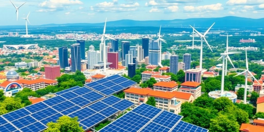 City skyline with solar panels and wind turbines.