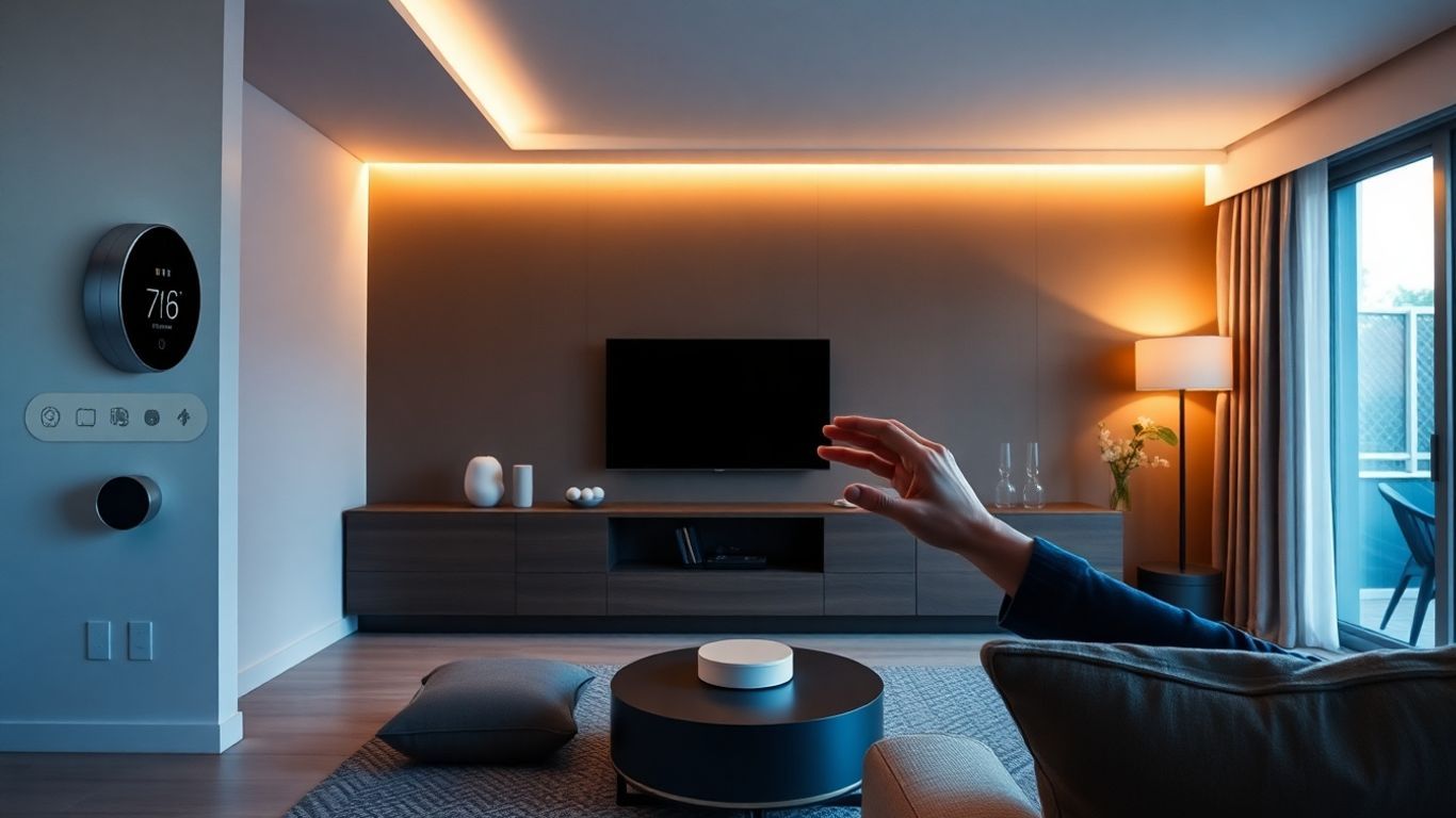 Smart home devices in a modern living room.