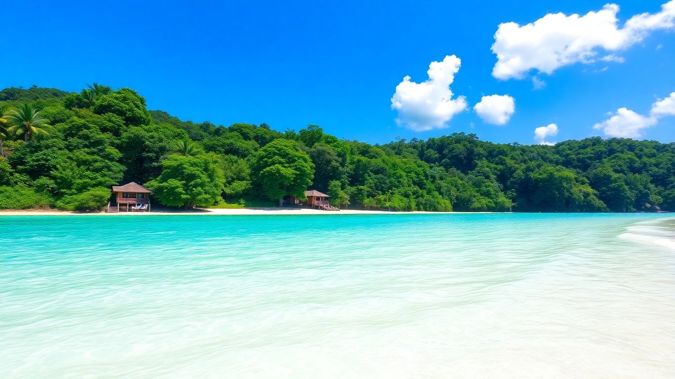 Pulau Tioman beach with turquoise water and jungle.