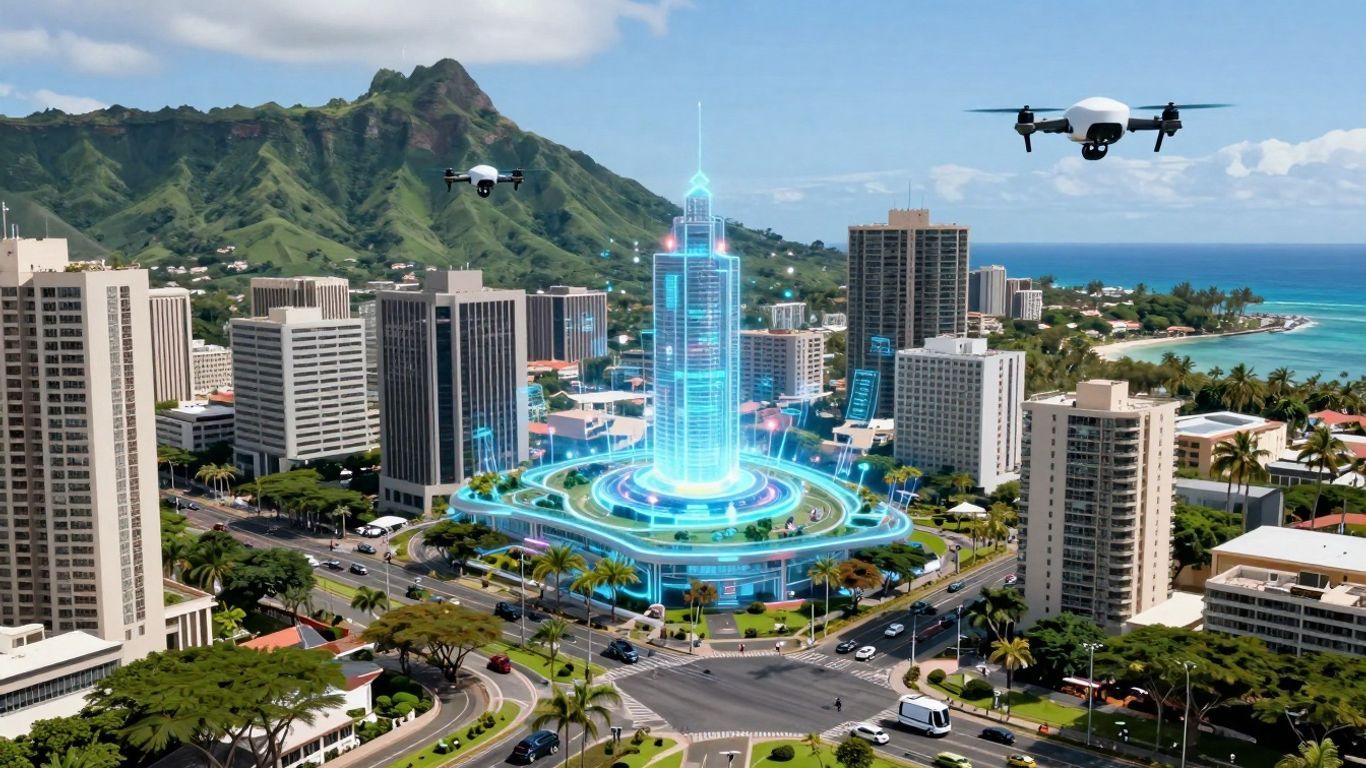 Hawaii smart city with futuristic technology and ocean views.