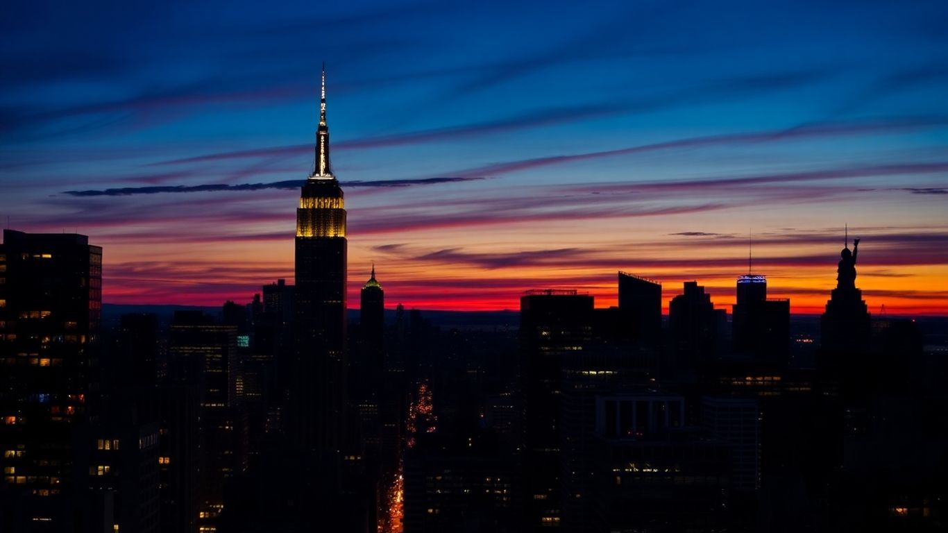 New York City skyline at dusk with illuminated skyscrapers.