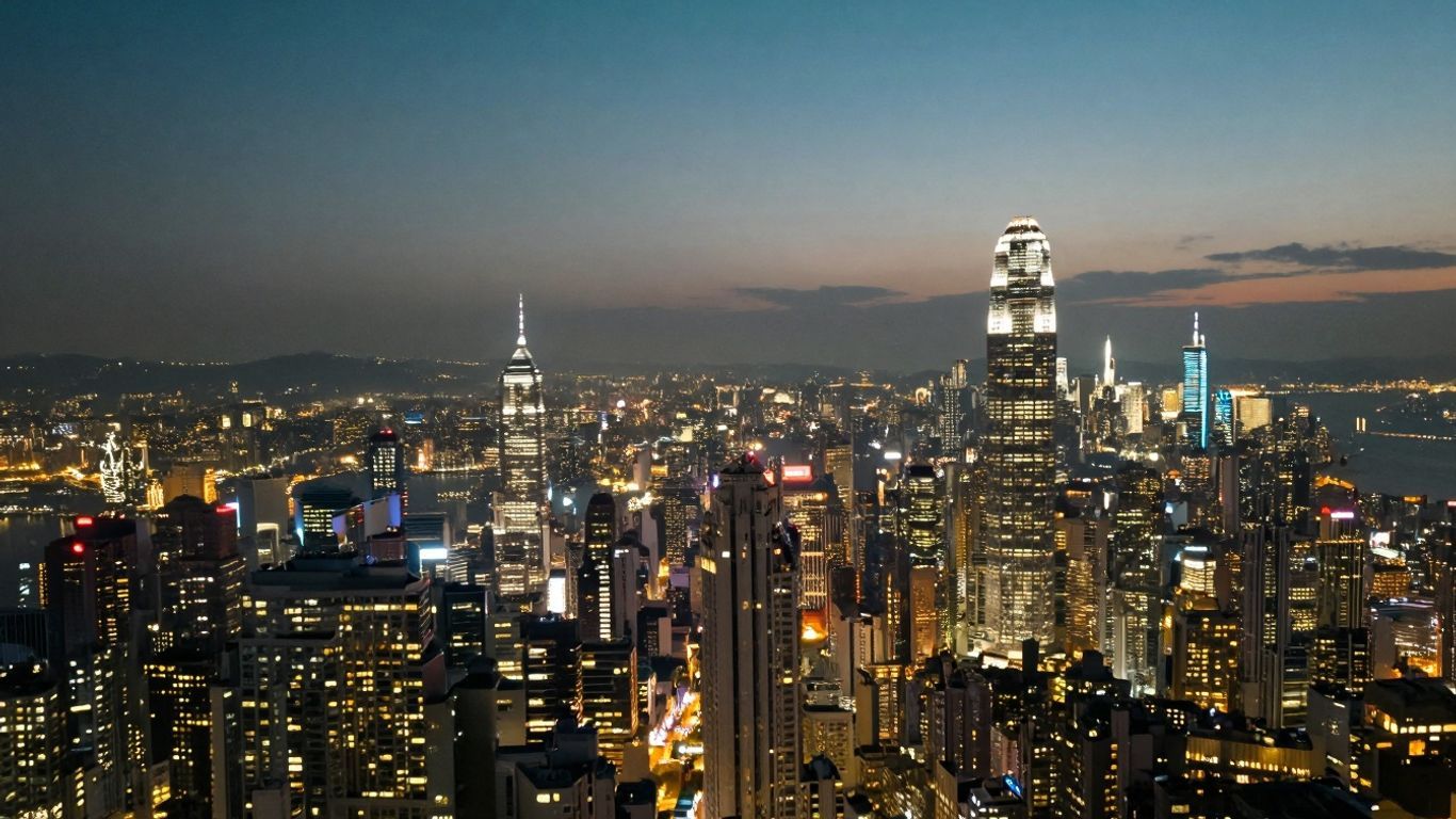 Vast cityscape with illuminated skyscrapers at dusk.