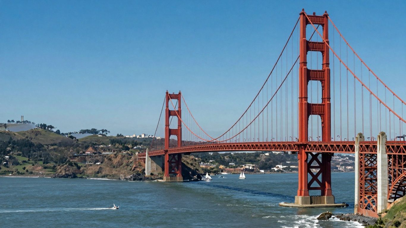 Golden Gate Bridge over San Francisco Bay with city skyline.