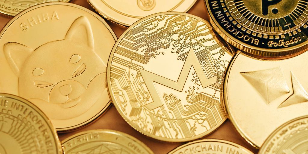 a close up of a pile of gold coins