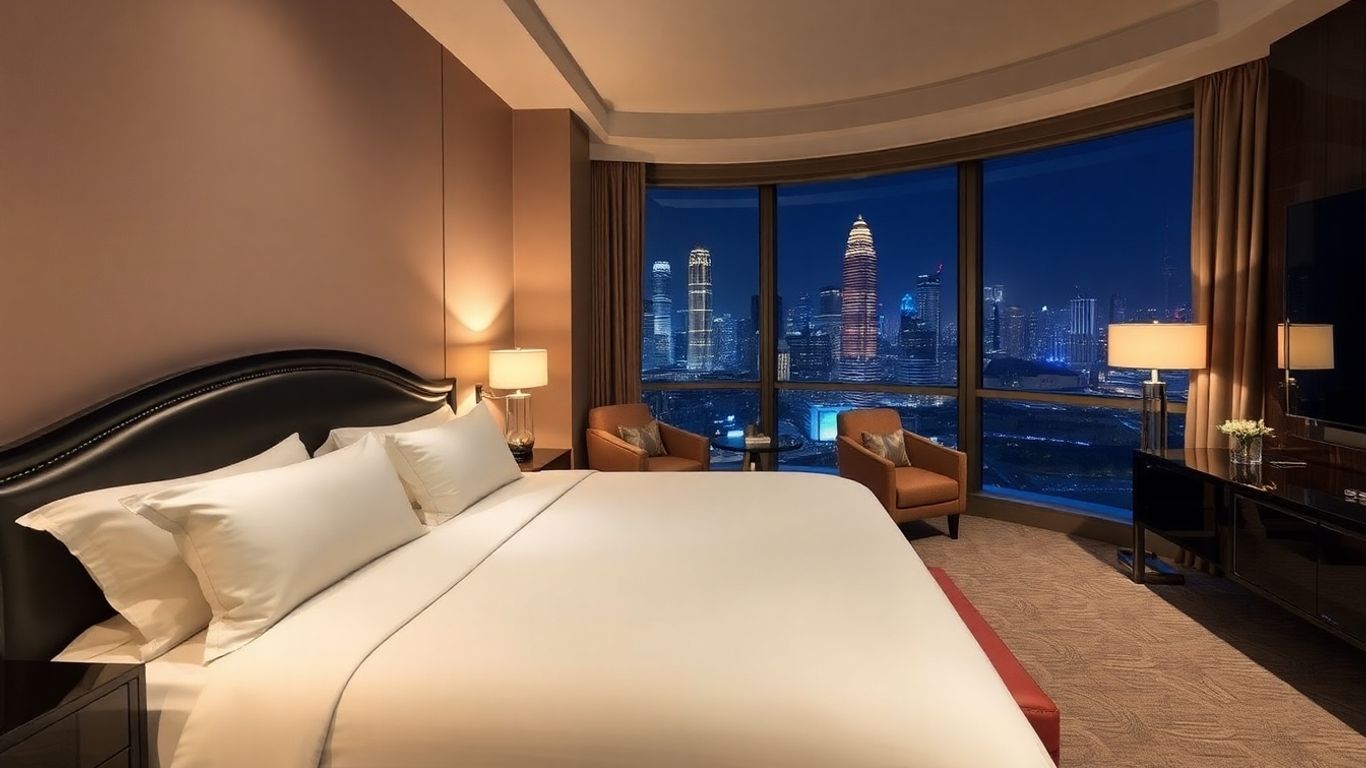 Luxury hotel room with city skyline view in Kuala Lumpur.