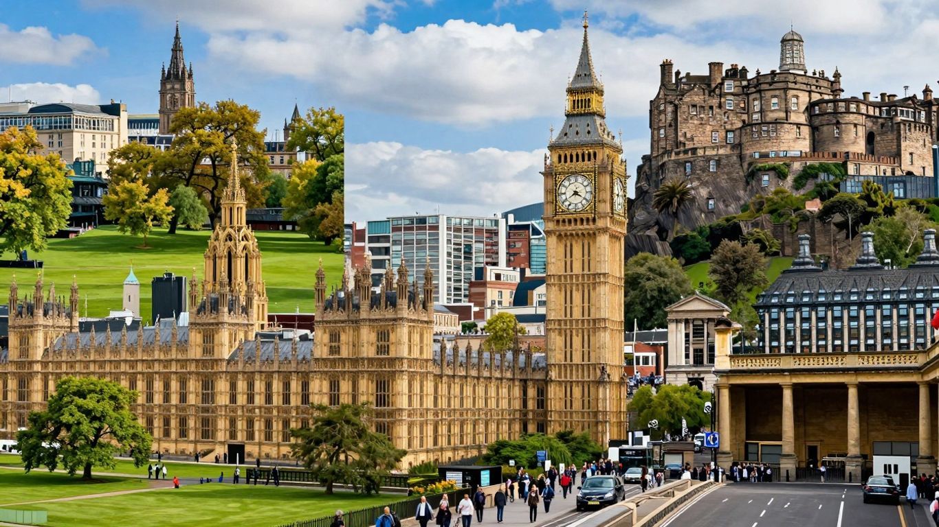 UK cities collage with landmarks and cityscapes.