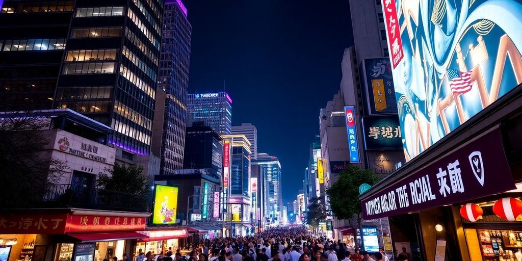 Nightlife in Roppongi, Tokyo with glowing city lights.