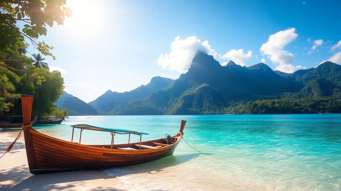Tioman Island, Malaysia: turquoise water, white sand beach, rainforest mountains.