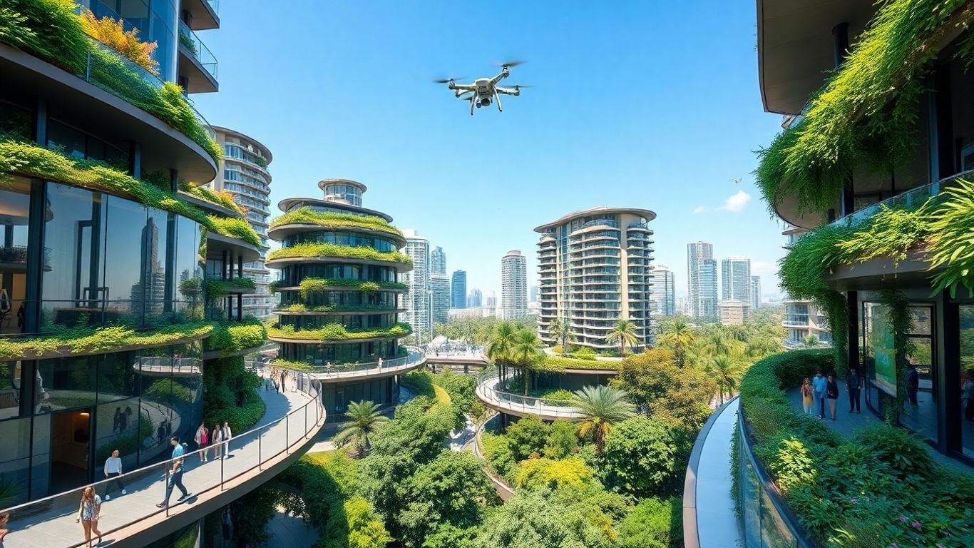 Sustainable city with green architecture and advanced technology.