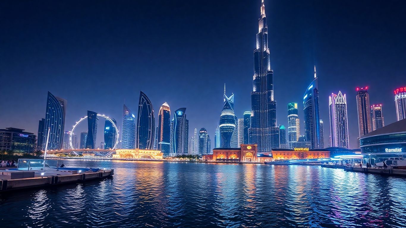 Dubai's illuminated skyline with the Burj Khalifa.