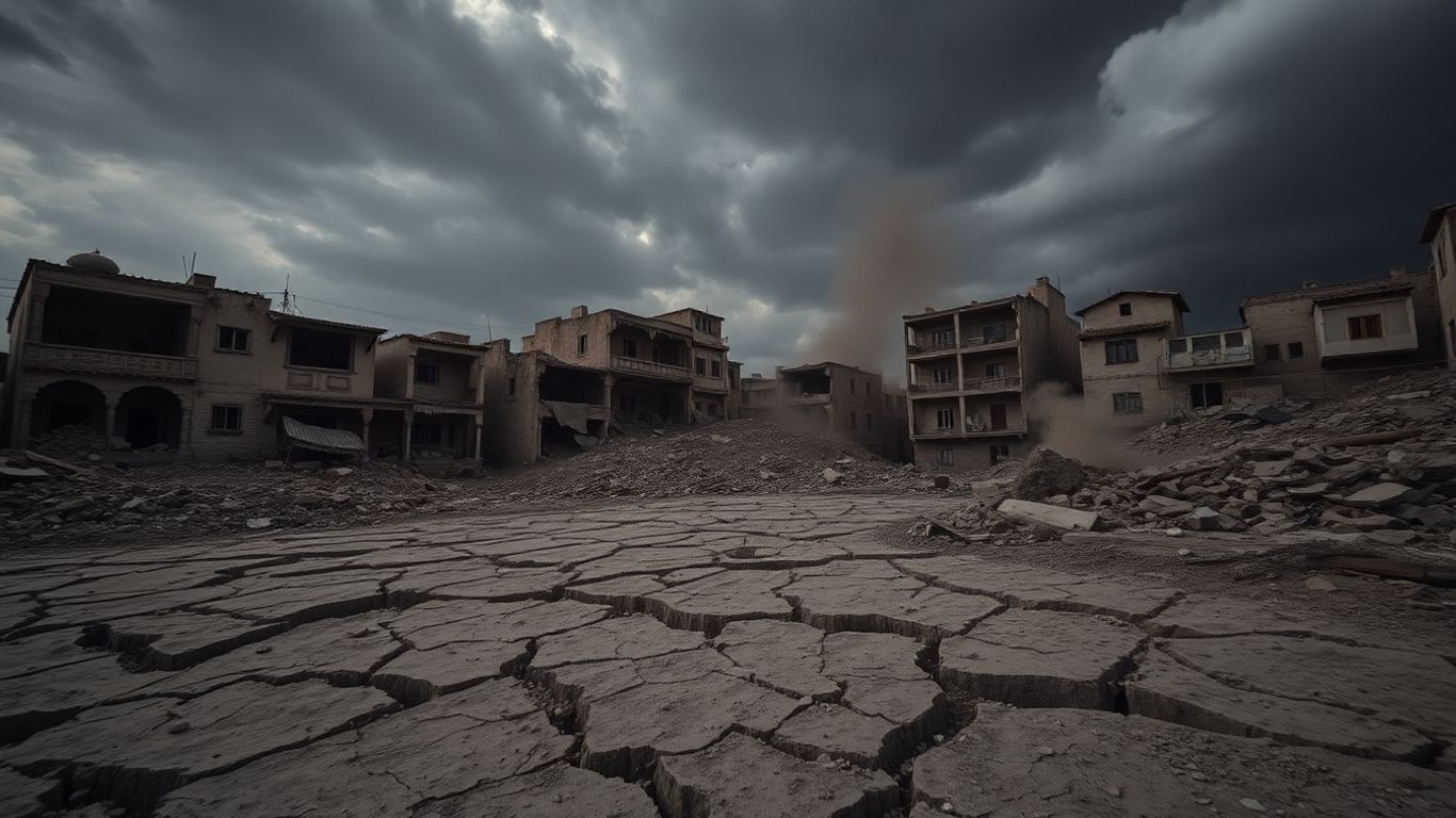 Damaged buildings and cracked earth after an earthquake.