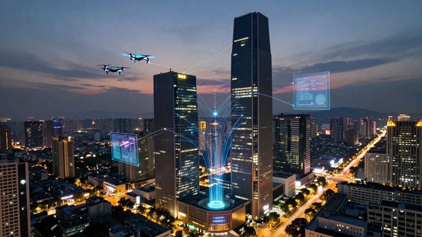 Futuristic smart city with glowing data streams and drones.