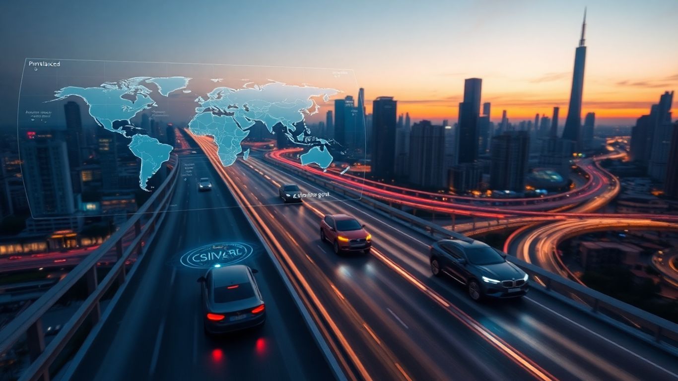 Futuristic cityscape with autonomous vehicles and holographic travel map.