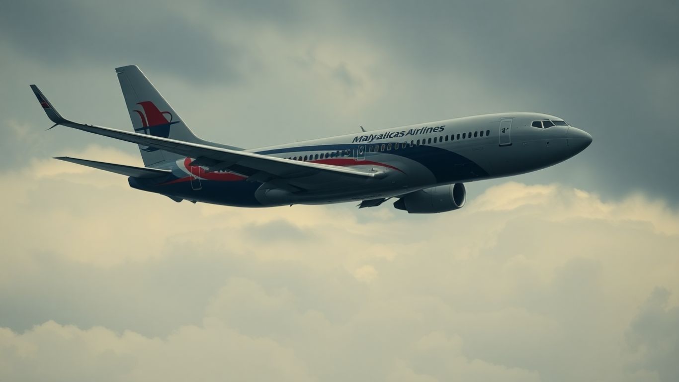 Vintage Malaysia Airlines plane in cloudy sky.