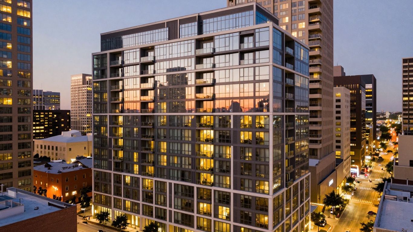 Modern Houston apartment building at dusk with city lights.