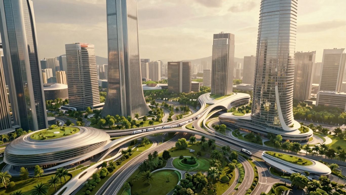 Futuristic California cityscape with green spaces and advanced transport.