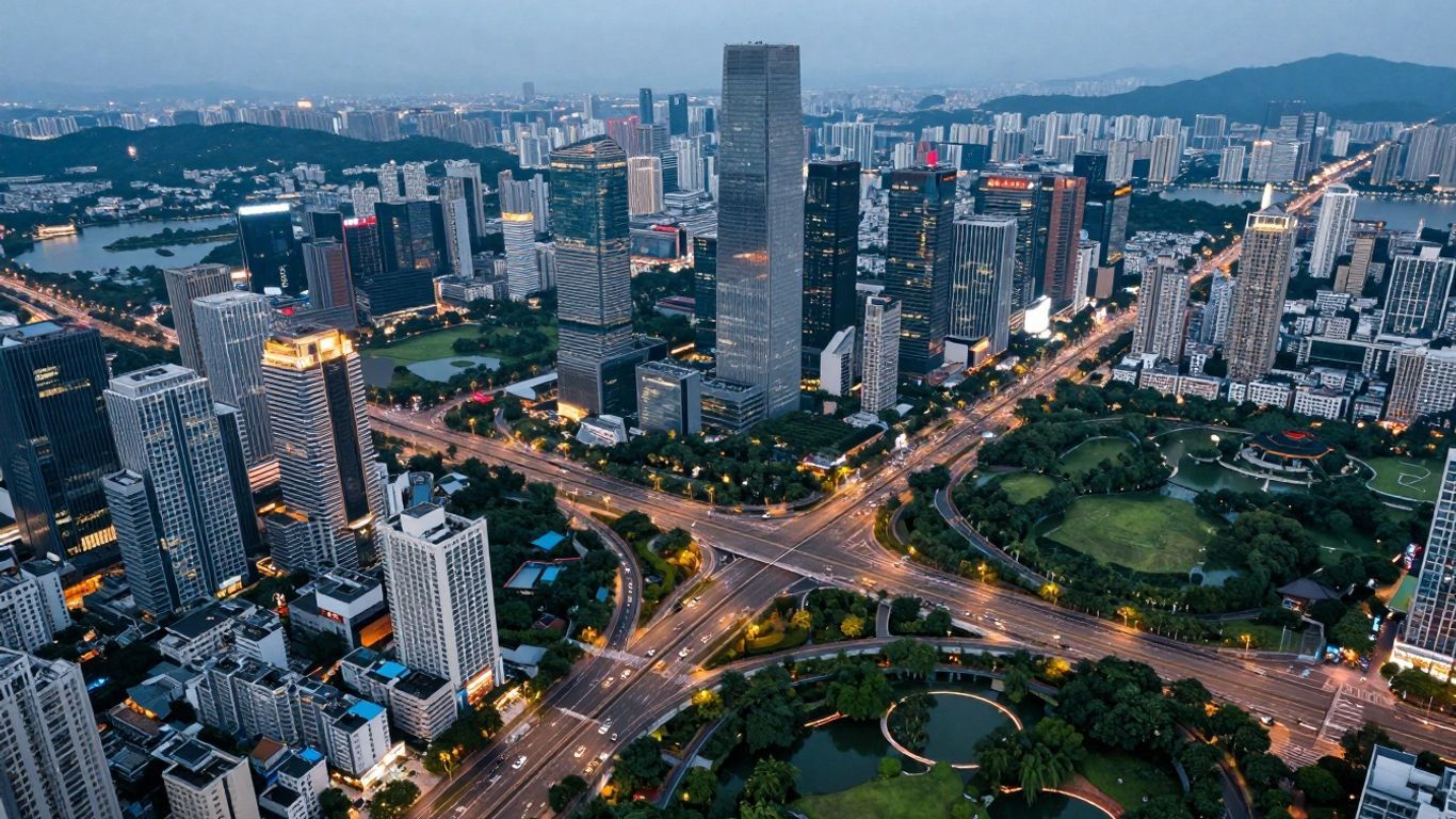 Detailed cityscape with roads, buildings, and parks.