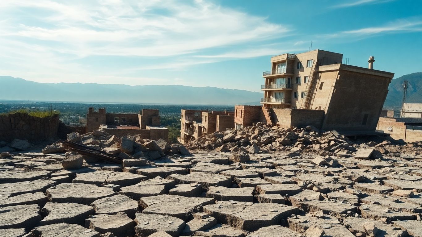 Cracked earth and tilted buildings after an earthquake.