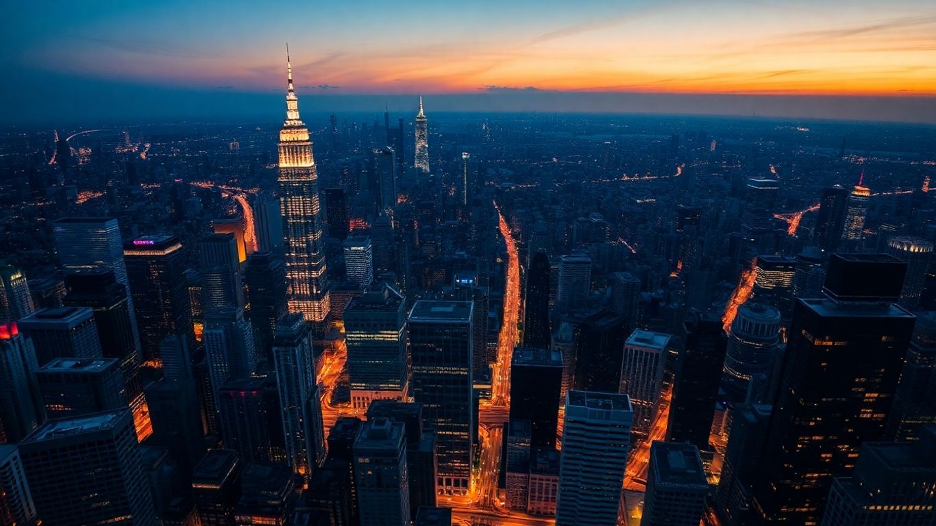 Vast illuminated cityscape at dusk, aerial view.