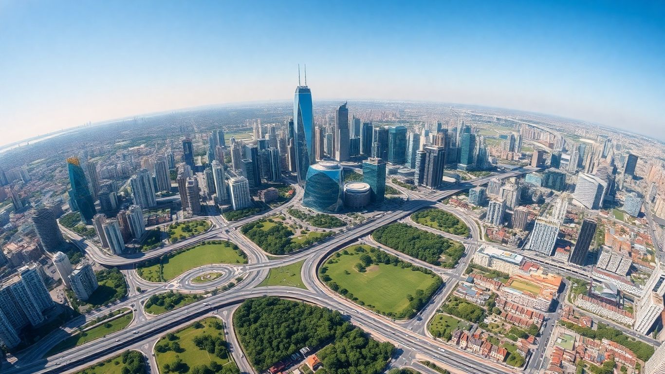 Futuristic cityscape with skyscrapers and roads.