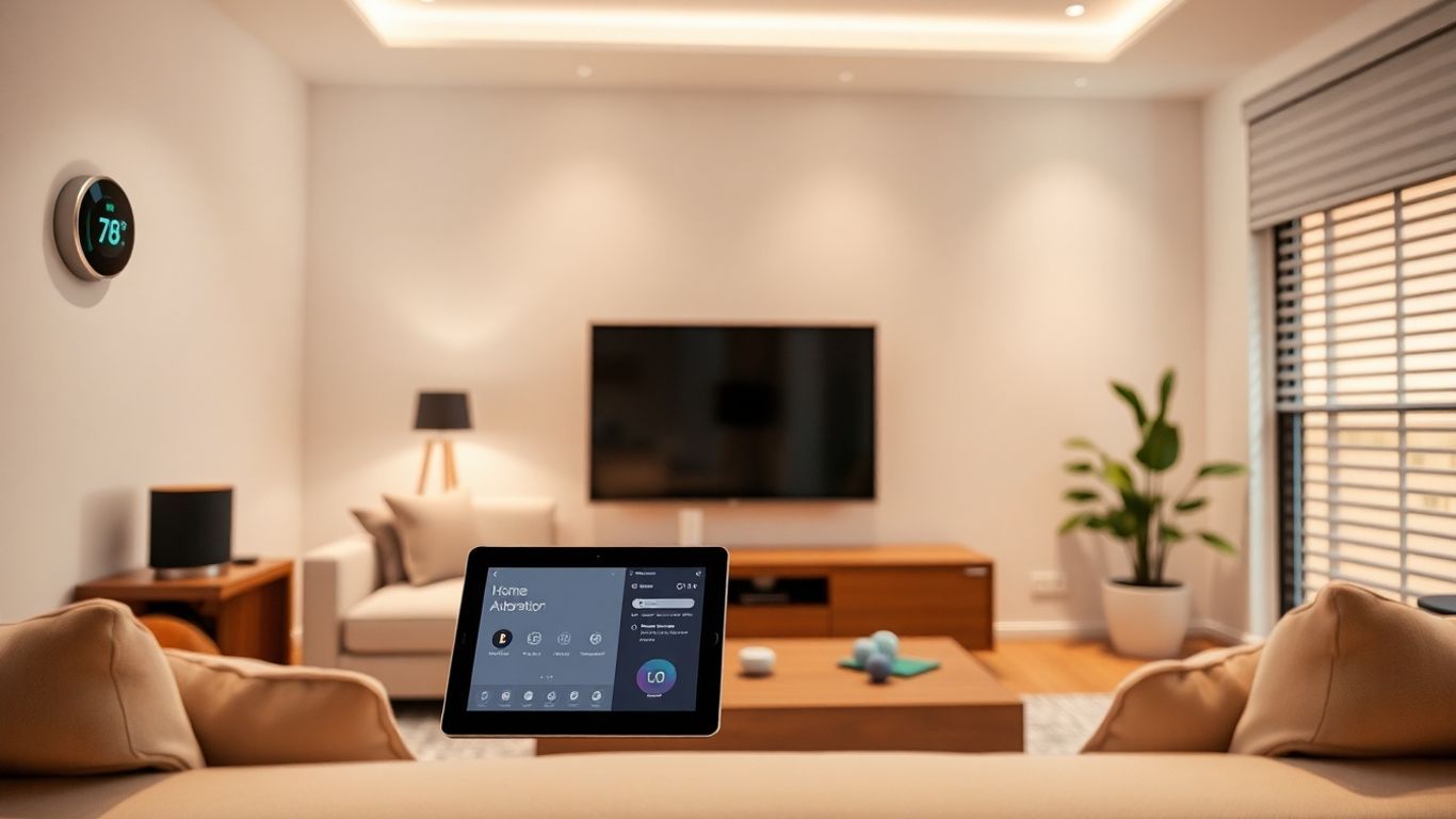 Smart home automation technology in a modern living room.