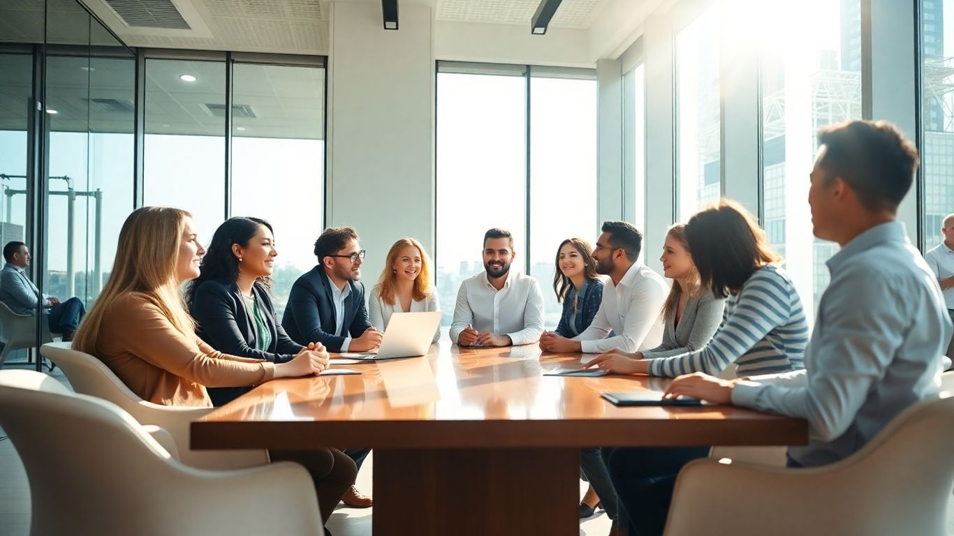 Business professionals collaborating in a bright, modern meeting room.
