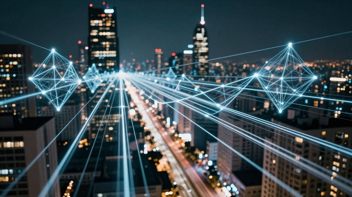 Futuristic smart grid cityscape with glowing energy lines.