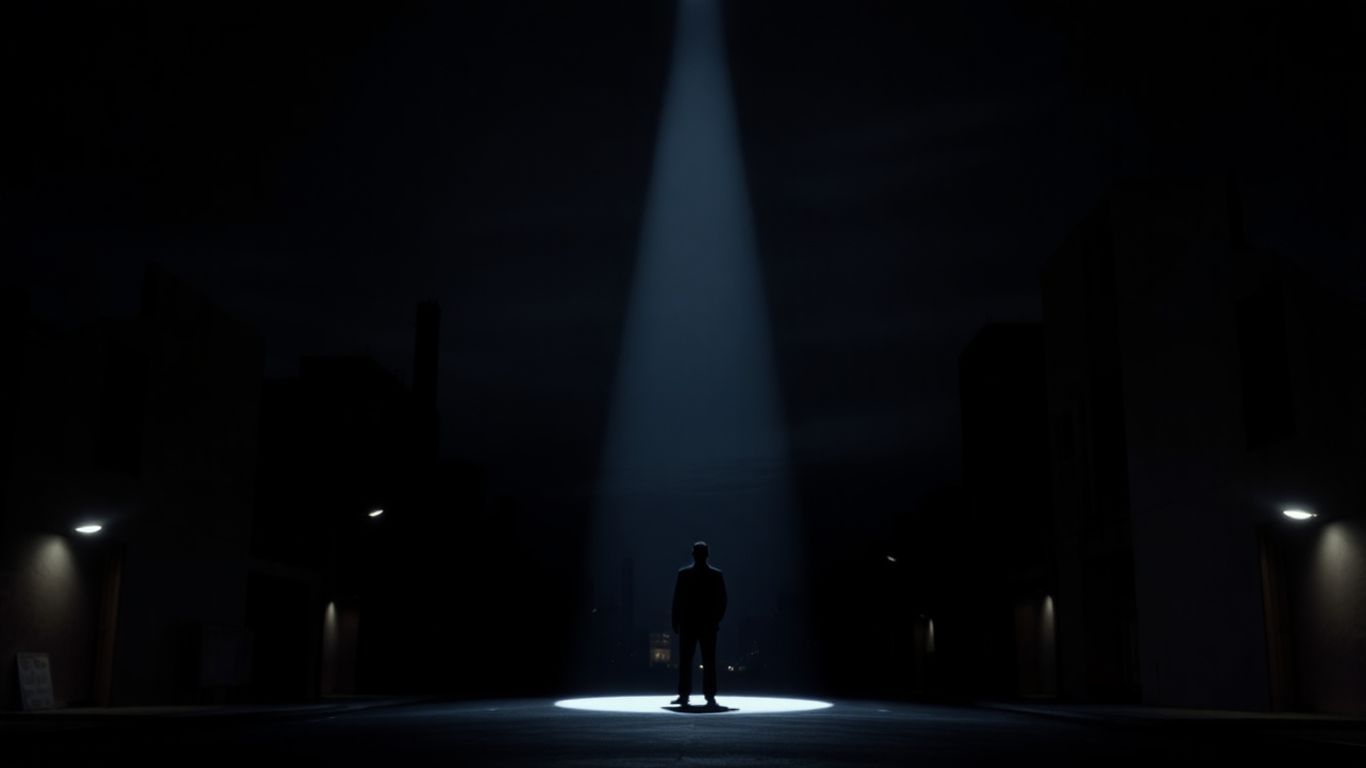 Dark city street with a lone figure.