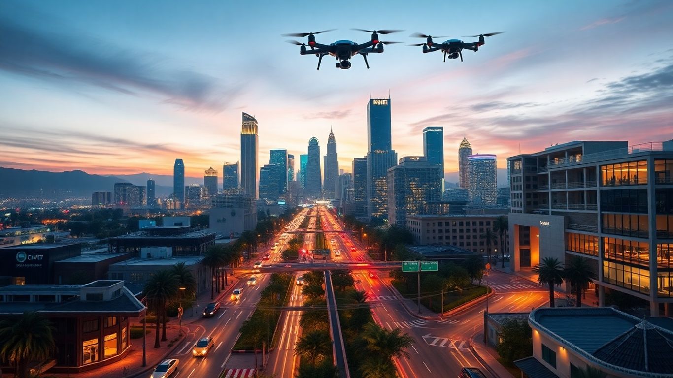 Futuristic Los Angeles cityscape with glowing data streams and autonomous vehicles.