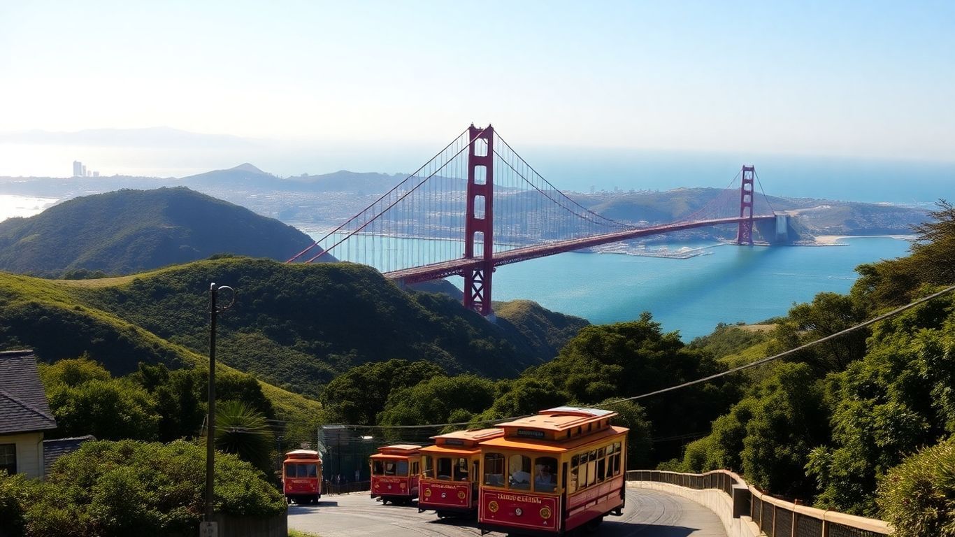 San Francisco cityscape with Golden Gate Bridge and cable cars.