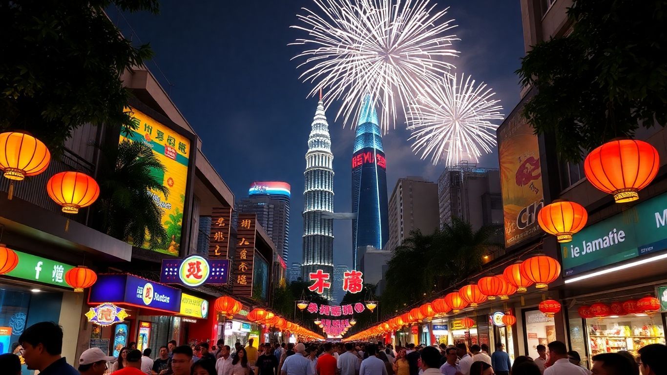 Kuala Lumpur festival with lanterns and fireworks.