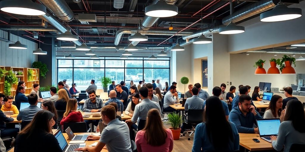 Entrepreneurs collaborating in a modern coworking space.
