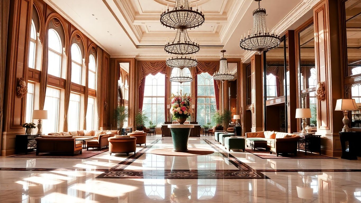 Elegant hotel lobby with chandeliers and plush seating.