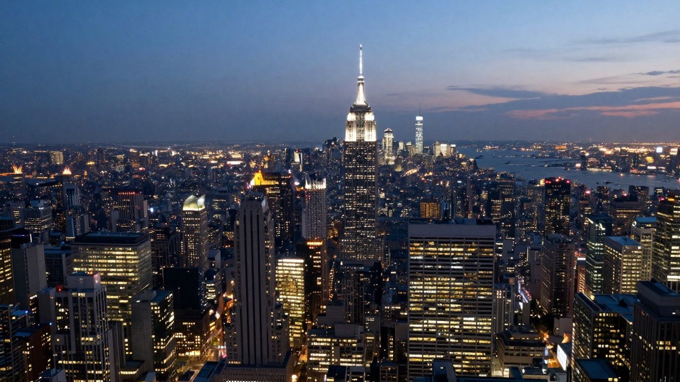 Vast illuminated cityscape at dusk, aerial view.