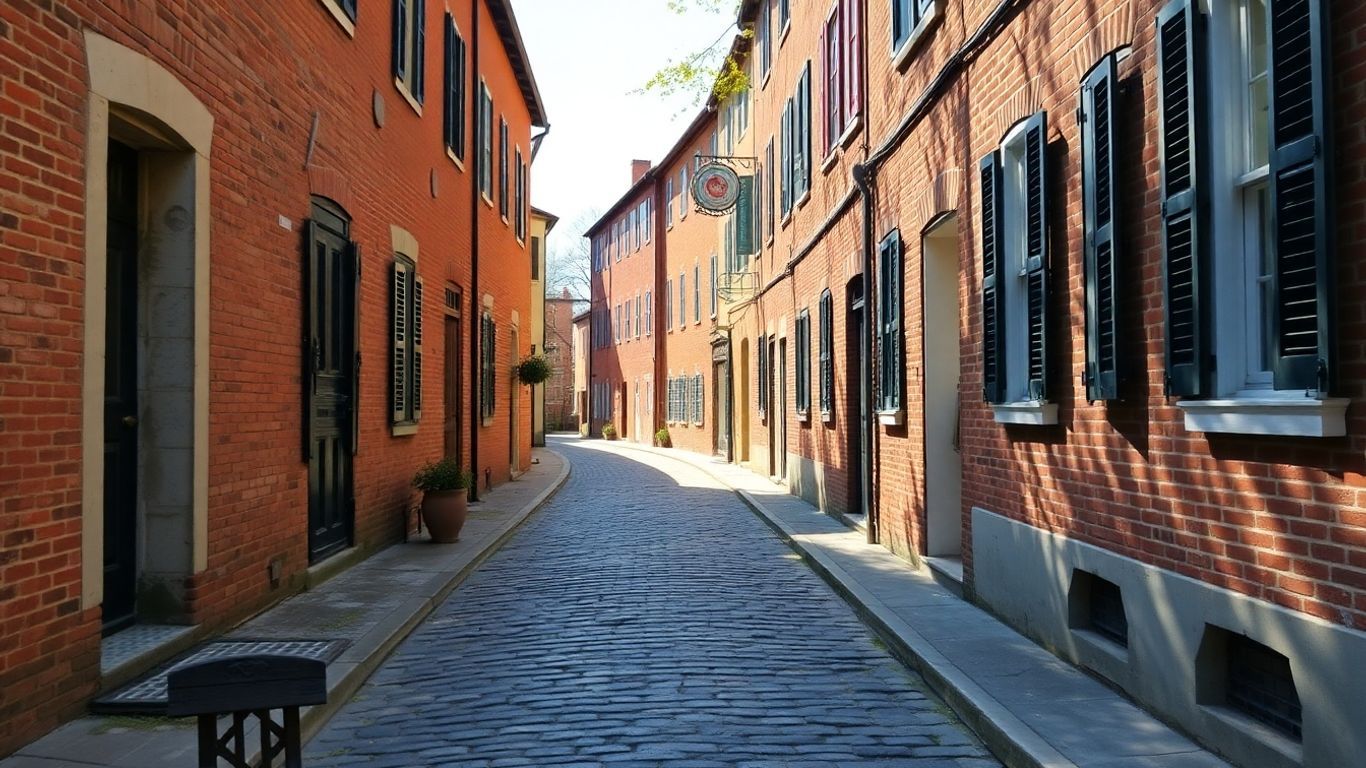 Historic colonial buildings on a cobblestone street in South Carolina.