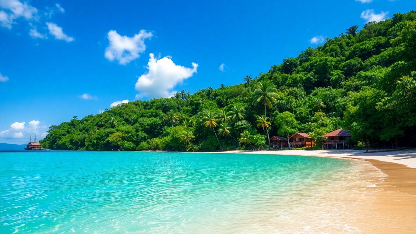 Tioman Island beach with turquoise water and jungle.