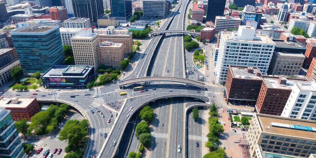 Aerial view of a vibrant US cityscape with transport.