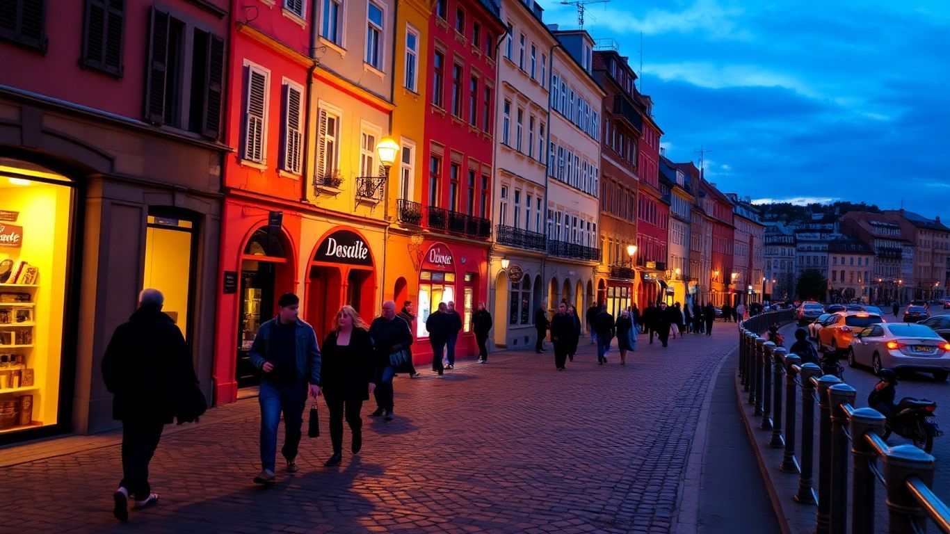 City street at dusk with colorful buildings and people.