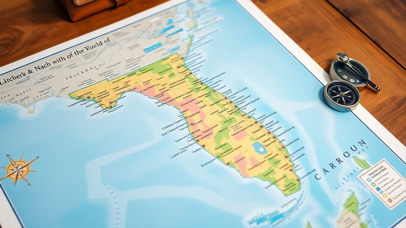 Florida map highlighting cities and regions under sunlight