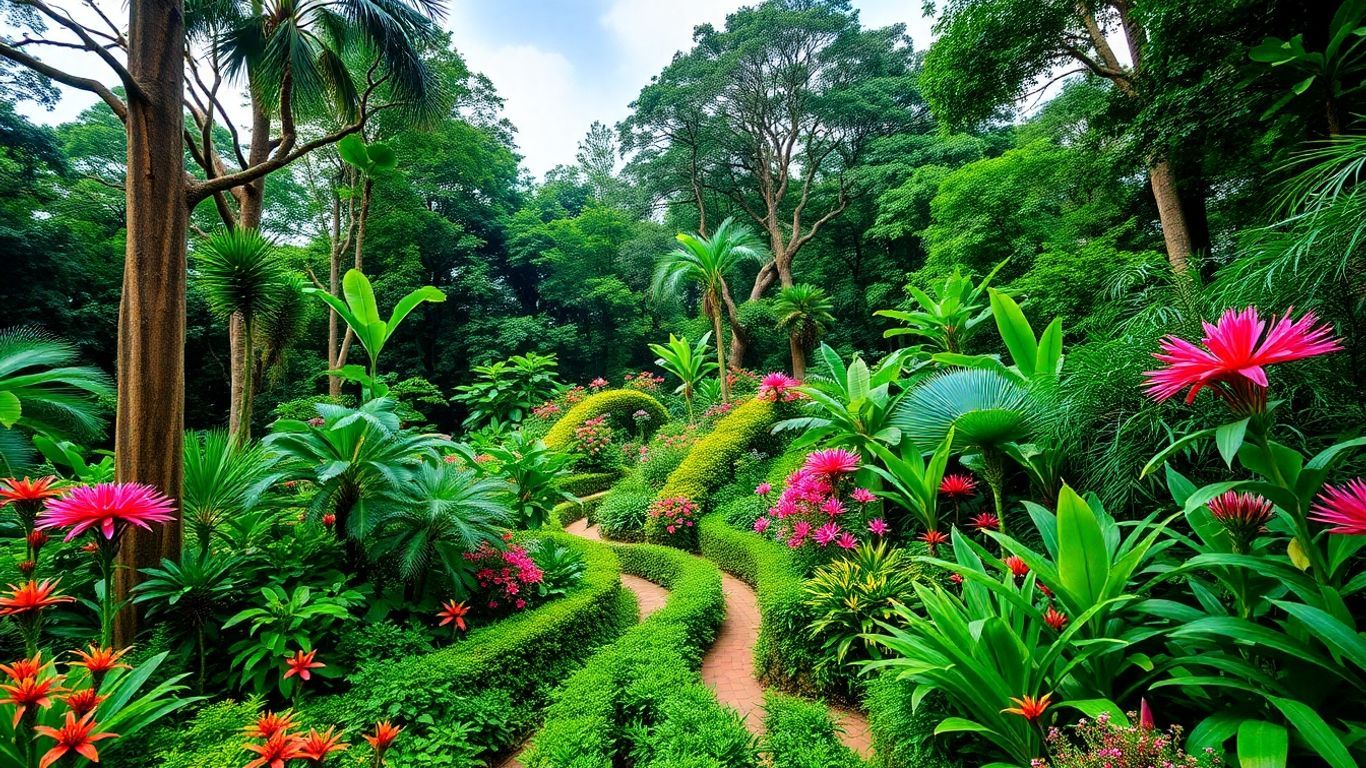 Lush greenery and exotic flowers in Malaysia Botanical Gardens.