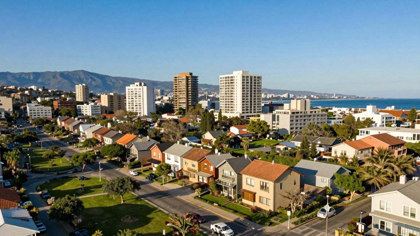 Affordable cityscape with diverse housing and green spaces.