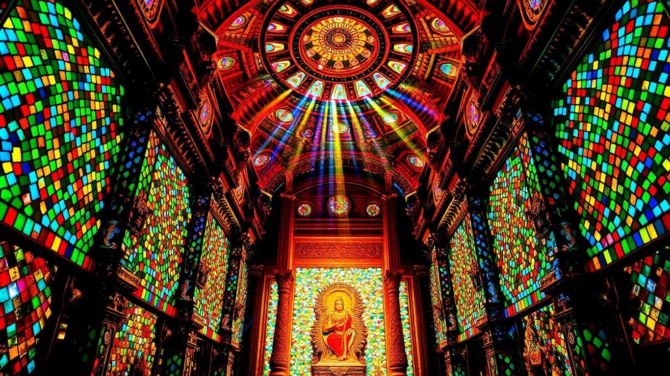 Ornate glass temple interior with colorful light