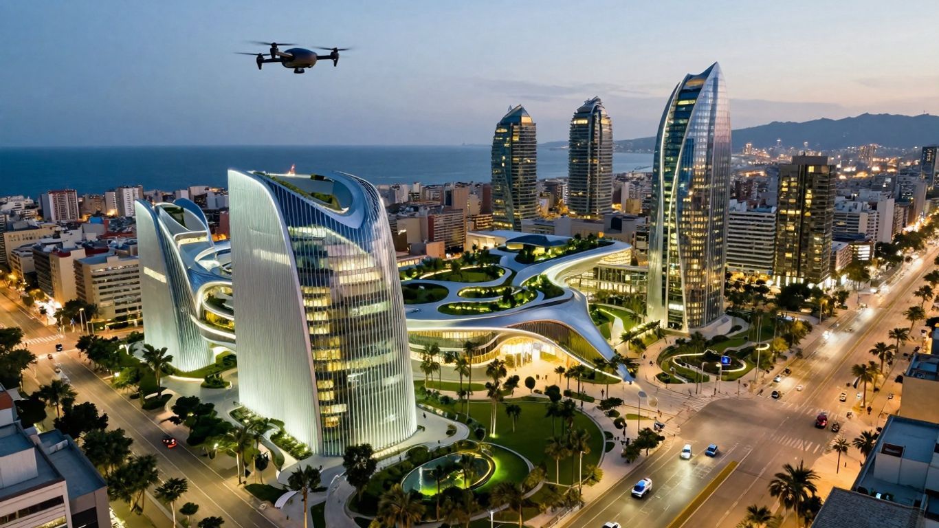 Futuristic Barcelona cityscape with modern architecture and technology.