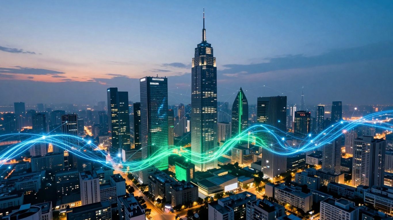 Smart grid connecting futuristic city with glowing energy lines.